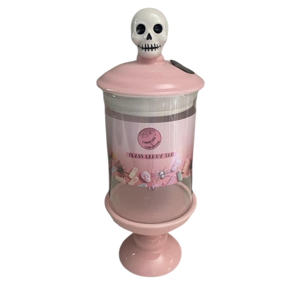 Cobwebs and Cauldrons Pink Skull Candy Jar